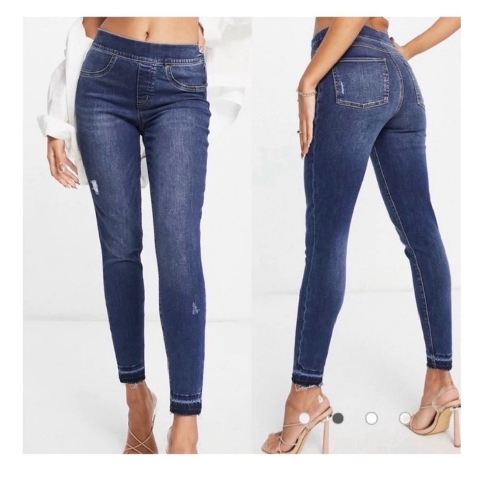Spanx Jean-ish Ankle Leggings XL Dark Indigo Distressed Raw Hem Pull‎ On Denim